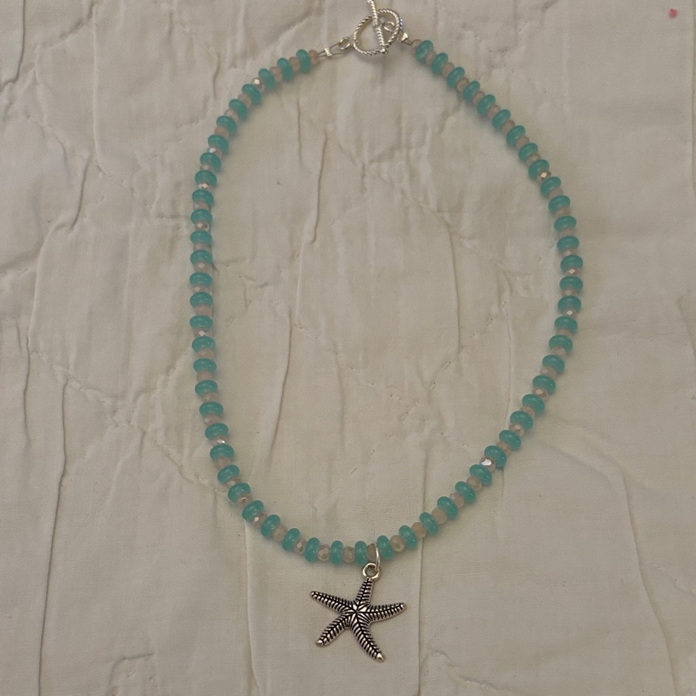 Silver Starfish Pendant on Turquoise Glass‎ Beaded Necklace